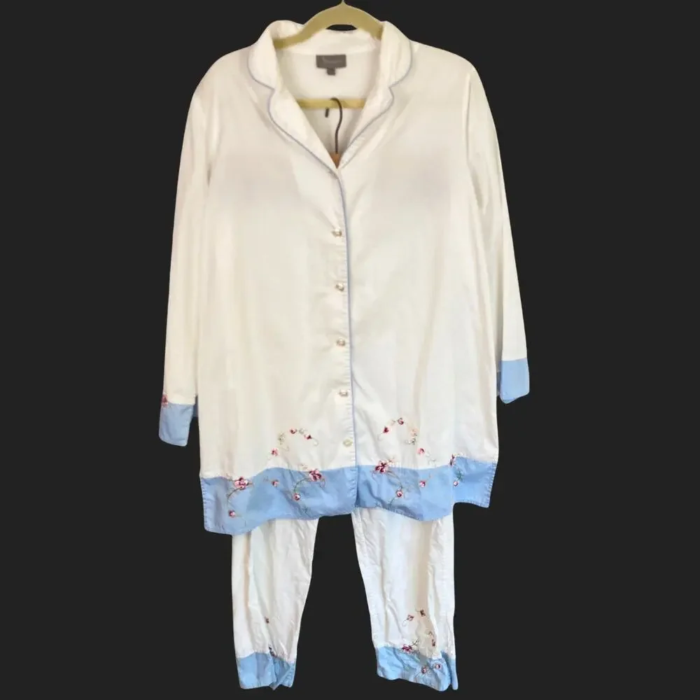 Julianna Rae Womens L Blue & White Floral Embroidered Cotton Pajama Sleep Set